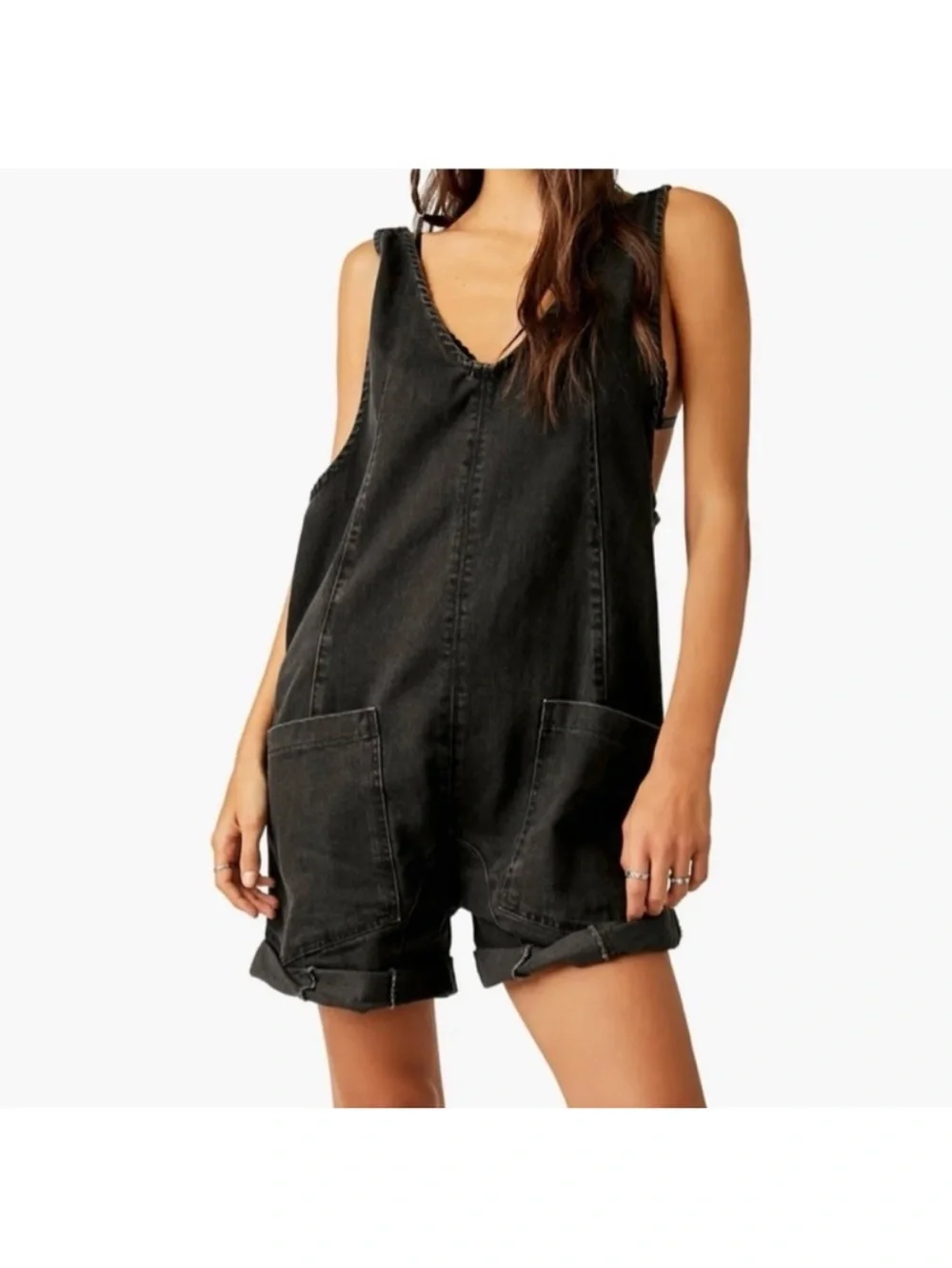 Free People The High Roller Shortall Washed Black Romper Jean Relaxed Fit Sz M